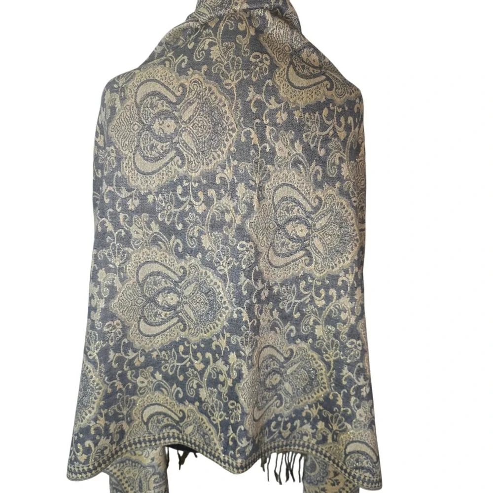 Pashmina Womens Gold Gray Paisley Silk Blend Fringe Reversible Wrap Scarf Shawl